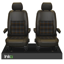 Load image into Gallery viewer, INKA Tailored VW Transporter T6, T6.1 &amp; T5.1 Front Seat Covers Black 1+1 Matt Leatherette with coloured GTi Tartan Centres [Choice of 7 colours]
