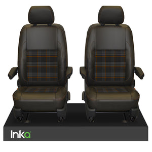 INKA Tailored VW Transporter T6, T6.1 & T5.1 Front Seat Covers Black 1+1 Matt Leatherette with coloured GTi Tartan Centres [Choice of 7 colours]