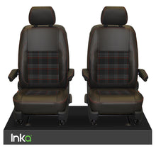 Load image into Gallery viewer, INKA Tailored VW Transporter T6, T6.1 &amp; T5.1 Front Seat Covers Black 1+1 Matt Leatherette with coloured GTi Tartan Centres [Choice of 7 colours]
