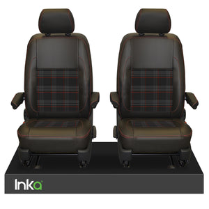 INKA Tailored VW Transporter T6, T6.1 & T5.1 Front Seat Covers Black 1+1 Matt Leatherette with coloured GTi Tartan Centres [Choice of 7 colours]