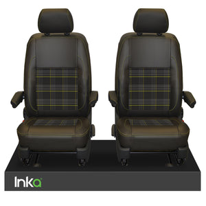 INKA Tailored VW Transporter T6, T6.1 & T5.1 Front Seat Covers Black 1+1 Matt Leatherette with coloured GTi Tartan Centres [Choice of 7 colours]