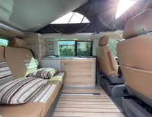 Load image into Gallery viewer, VW California T6.1 T6 T5 Ocean, Coast, SE Tailored Lifestyle Leatherette Seat Covers, Second Skin Tan , Cream combination with bespoke embroidery as image
