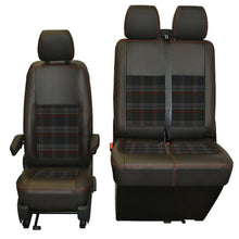 Load image into Gallery viewer, INKA Tailored VW Transporter T6.1, T6 &amp; T5.1 Front Seat Covers Black Matt Leatherette with coloured GTi Tartan Centres [Choice of 7 colours]
