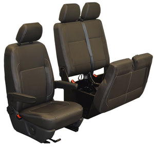 VW Transporter T6,T5 Front INKA Tailored Seat Covers Black OEM Vinyl Leatherette MY10 onwards,White Stitch,MATT LEATHER LOOK & FEEL 1+2